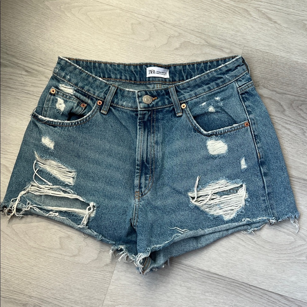 Zara Women's Ripped Blue Jean Shorts